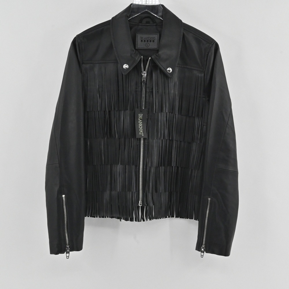 Blank NYC Fringe Faux Leather Jacket Womens Size L Black Western Moto 24XA6620
